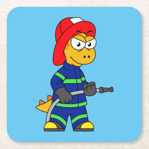 Illustration eines Tyrannosaurus Rex Feuerwehrmann Rechteckiger Pappuntersetzer