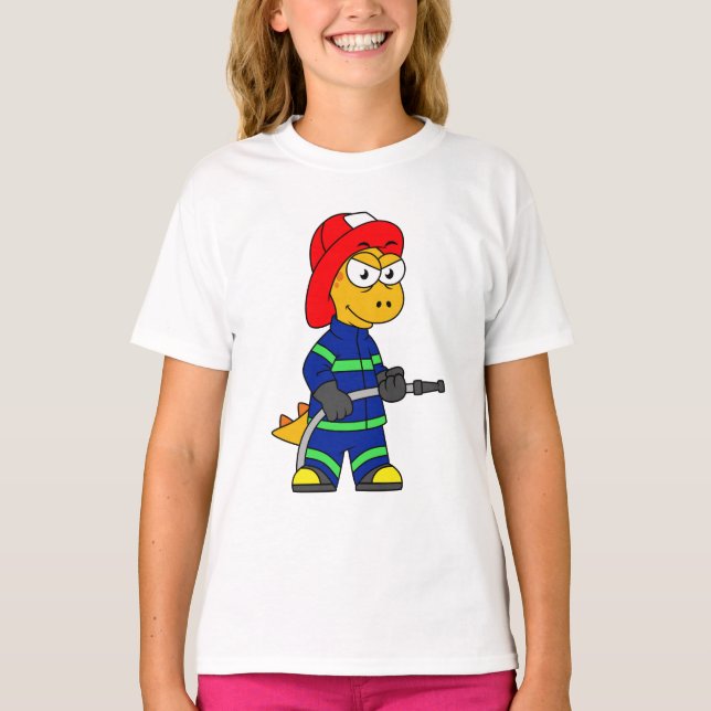 Illustration eines Tyrannosaurus Rex Feuerwehrmann T-Shirt (Vorderseite)