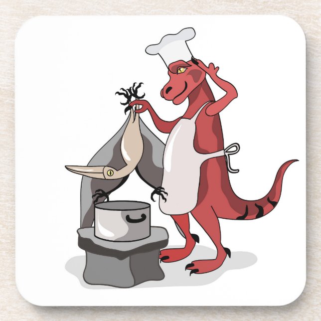 Illustration eines Tyrannosaurus Rex Koch Cooking. Getränkeuntersetzer (Vorderseite)