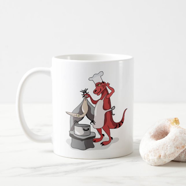 Illustration eines Tyrannosaurus Rex Koch Cooking. Kaffeetasse (Mit Donut)