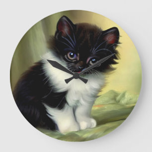 Illustration eines Vintage-Tuxedo-Kätzchens Große Wanduhr
