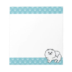 Illustration eines weißen Pomeranian-Hundes mit bl Notizblock