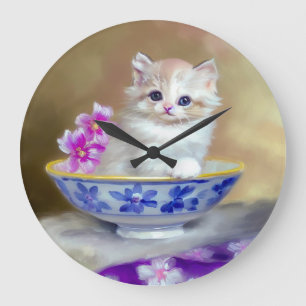 Illustration eines weißen Vintage-Kätzchens Große Wanduhr