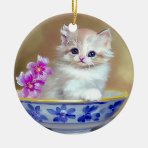 Illustration eines weißen Vintage-Kätzchens Keramik Ornament
