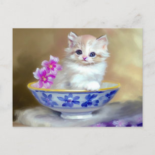 Illustration eines weißen Vintage-Kätzchens Postkarte