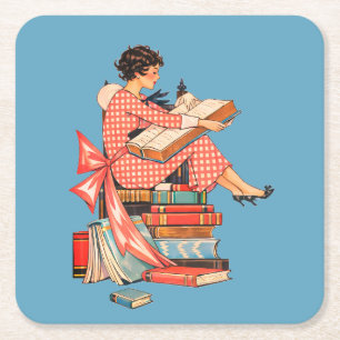Illustration für Vintage-Buchliebhaber beim Lesen Rechteckiger Pappuntersetzer