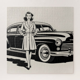 Illustration im Stil der 1940er Jahre von Frau und Puzzle