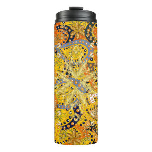 Illustration in gelben, orangen und braunen Farben Thermosbecher