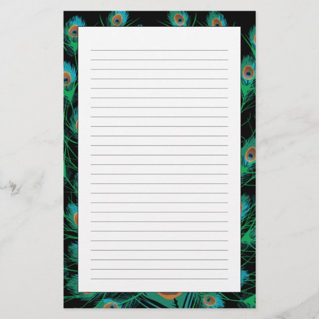 Illustration mit Pfau-Federn auf Schwarzem Briefpapier (Vorderseite)