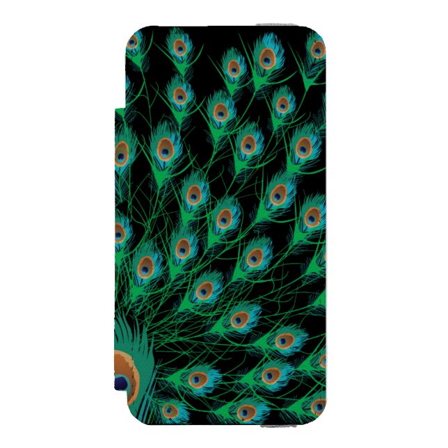 Illustration mit Pfau-Federn auf Schwarzem Incipio iPhone Geldbeutel-Hülle (Folio Vorderseite)