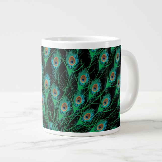 Illustration mit Pfau-Federn auf Schwarzem Jumbo-Tasse (Vorderseite Rechts)
