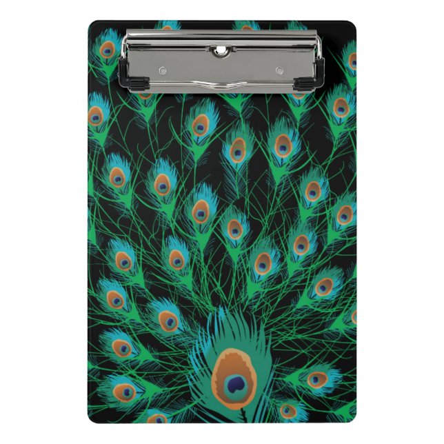Illustration mit Pfau-Federn auf Schwarzem Mini Klemmbrett (Vorderseite)
