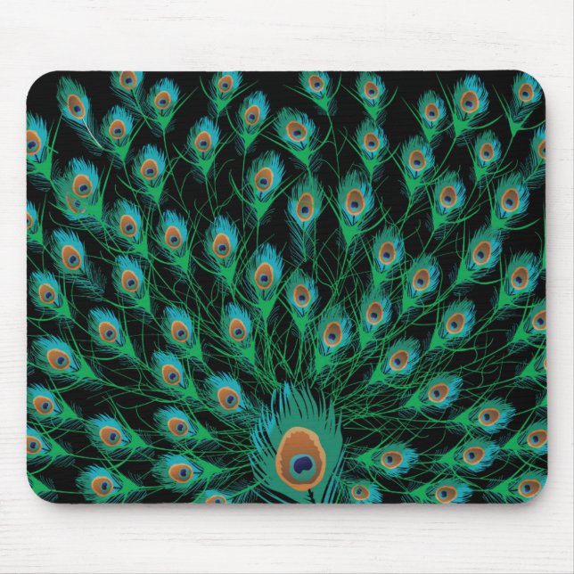 Illustration mit Pfau-Federn auf Schwarzem Mousepad (Vorne)