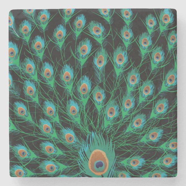 Illustration mit Pfau-Federn auf Schwarzem Steinuntersetzer (Vorderseite)