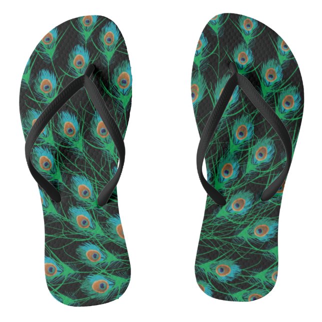 Illustration mit Pfauenfedern auf Schwarz Flip Flops (Fußbett)