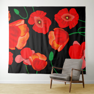 Illustration mit roten Mohnblumen auf schwarzem Hi Wandteppich