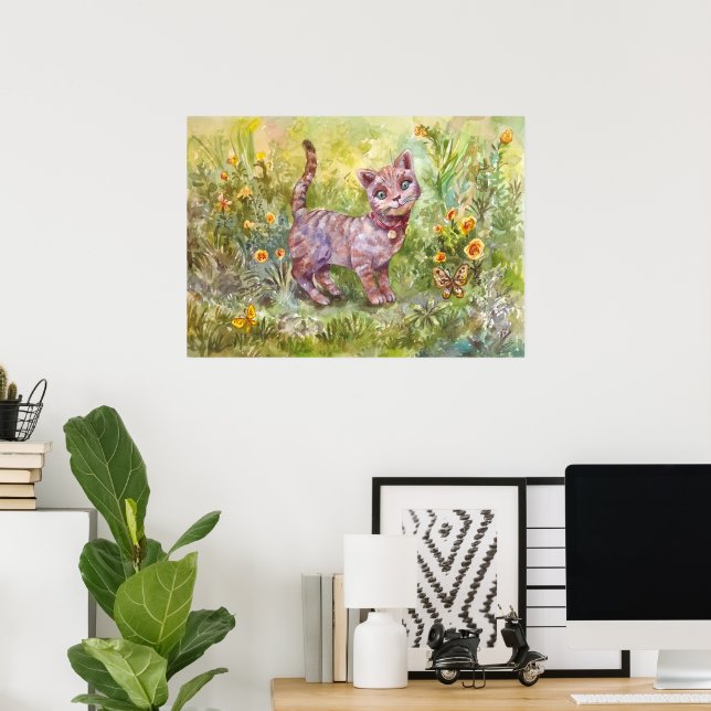 Illustration Niedlich Kitten Garden Butterfliy Blu Poster (Heimbüro)