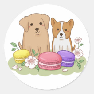 Illustration niedlicher Welpen und Macarons Runder Aufkleber