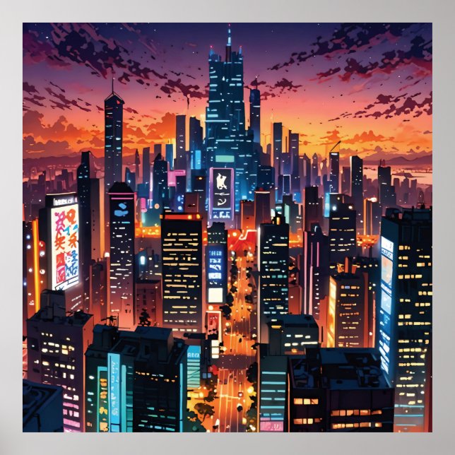 Illustration of a big city at night poster (Vorne)