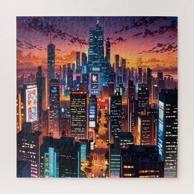 Illustration of a big city at night puzzle (Vertikal)