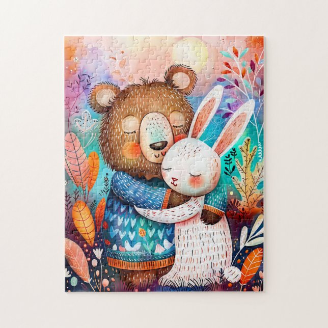 Illustration of bear hugging rabbit in forest. puzzle (Vertikal)