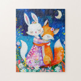 Illustration of fox hugging rabbit in the night puzzle