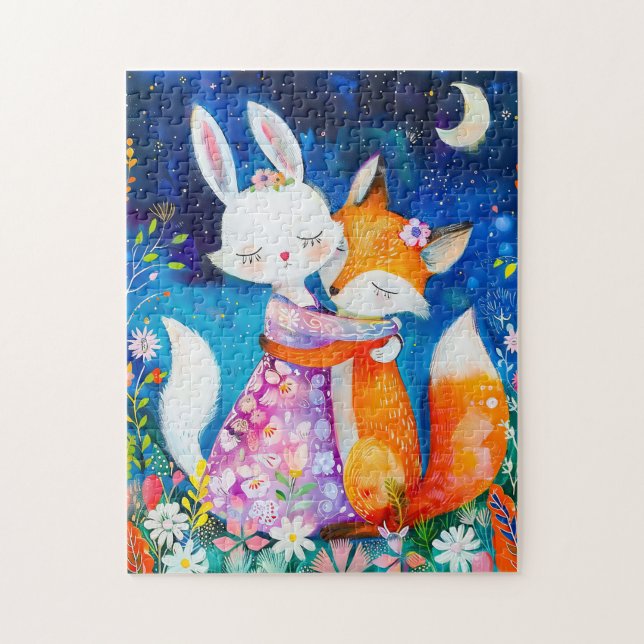 Illustration of fox hugging rabbit in the night puzzle (Vertikal)