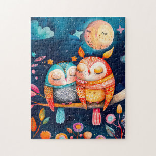 Illustration of owls hugging in forest at night puzzle
