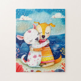 Illustration of two dogs playing at the beach puzzle