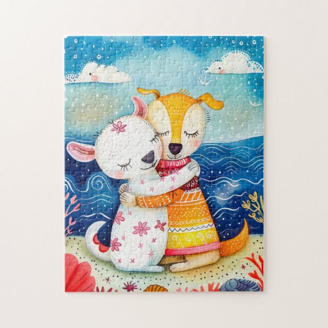 Illustration of two dogs playing at the beach puzzle (Vertikal)