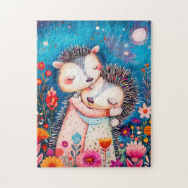 Illustration of two Hugging Hedgehogs in night at  Puzzle