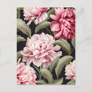 Illustration pink peony flowers with green leaves postkarte