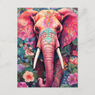Illustration pinker Elefant mit Blumen Postkarte