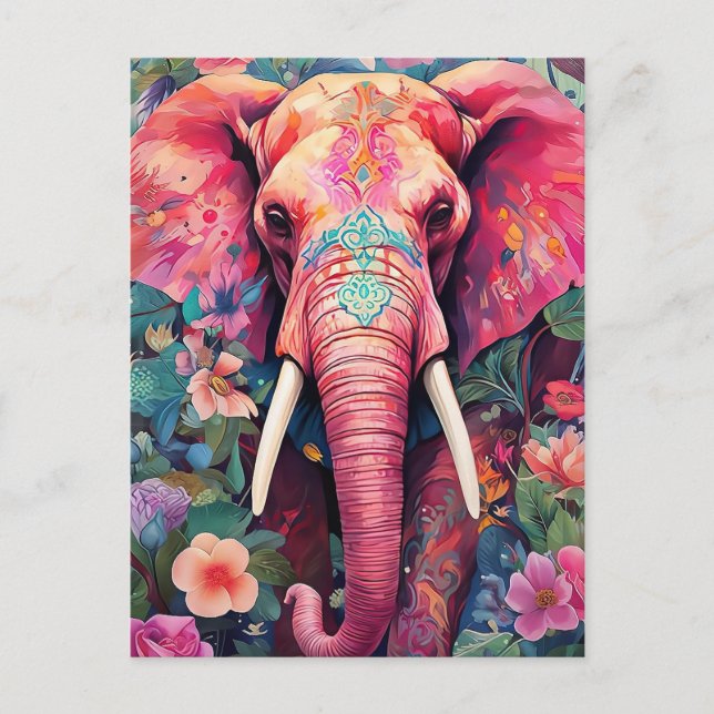 Illustration pinker Elefant mit Blumen Postkarte (Vorderseite)