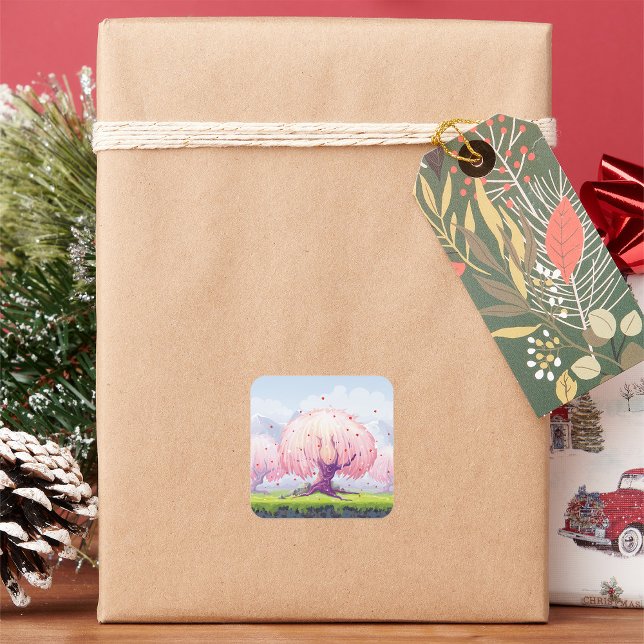 Illustration rosa Bäume Quadratischer Aufkleber (Von Creator hochgeladen)