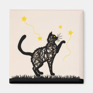 Illustration Schwarze Katze Spielende Sterne Magnet