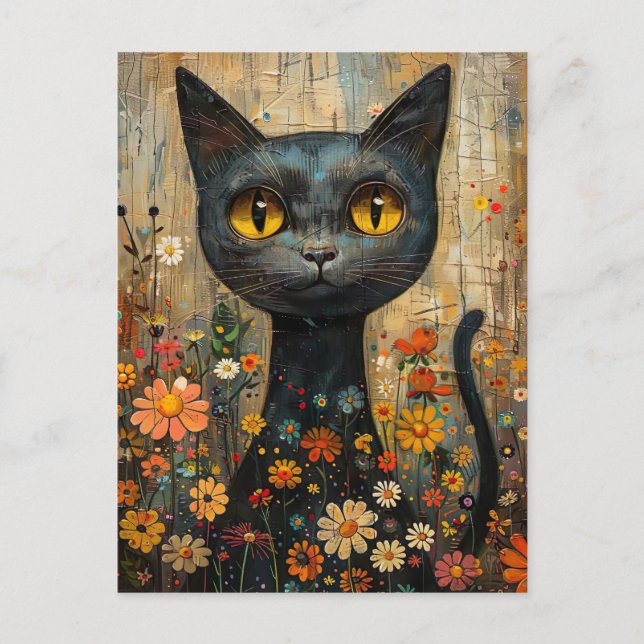Illustration süße Katze mit Blumen Postkarte (Vorderseite)