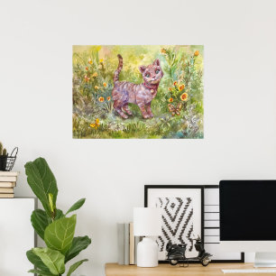 Illustration Süßes Kätzchen Garten Schmetterling B Poster