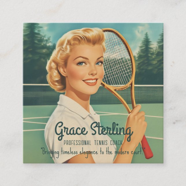Illustration Tennis Woman in der Zeitschrift der 5 Quadratische Visitenkarte (Vorderseite)