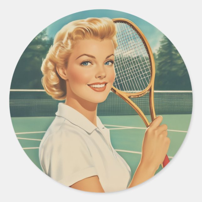 Illustration Tennis Woman in der Zeitschrift der 5 Runder Aufkleber (Vorderseite)