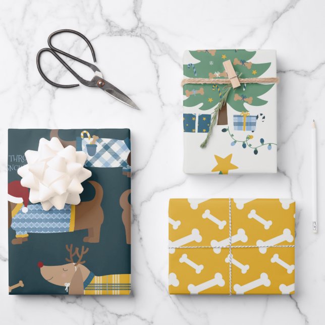 Illustration über niedliche Weihnachtskostüme und  Geschenkpapier Set (Vorderseite)