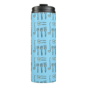 Illustration von Besteck auf einem Duschvorhang. Thermosbecher
