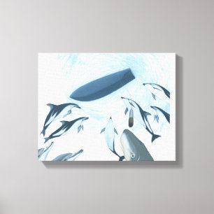 Illustration von Delphinen, die auf ein Boot schau Leinwanddruck
