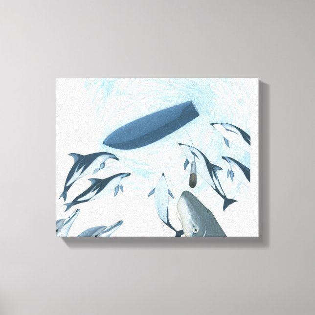 Illustration von Delphinen, die auf ein Boot schau Leinwanddruck (Vorderseite)