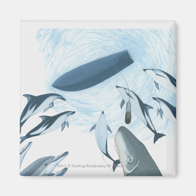 Illustration von Delphinen, die auf ein Boot schau Magnet (Vorne)