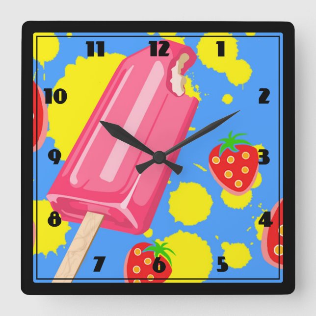 Illustration von Fun Pink Popsicle und Strawberrie Quadratische Wanduhr (Vorderseite)