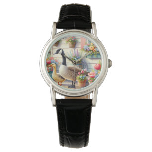 Illustration von Gänsen im Cottage-Garten im Frühl Armbanduhr