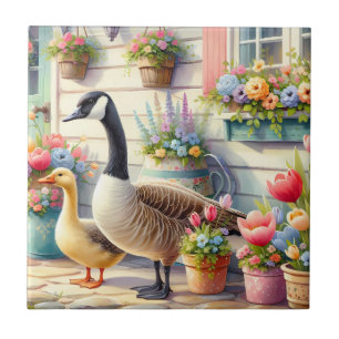 Illustration von Gänsen im Cottage-Garten im Frühl Fliese