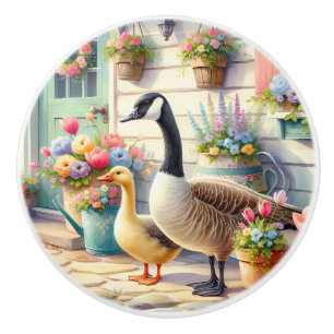 Illustration von Gänsen im Cottage-Garten im Frühl Keramikknauf