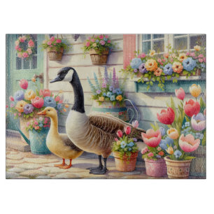 Illustration von Gänsen im Cottage-Garten im Frühl Schneidebrett